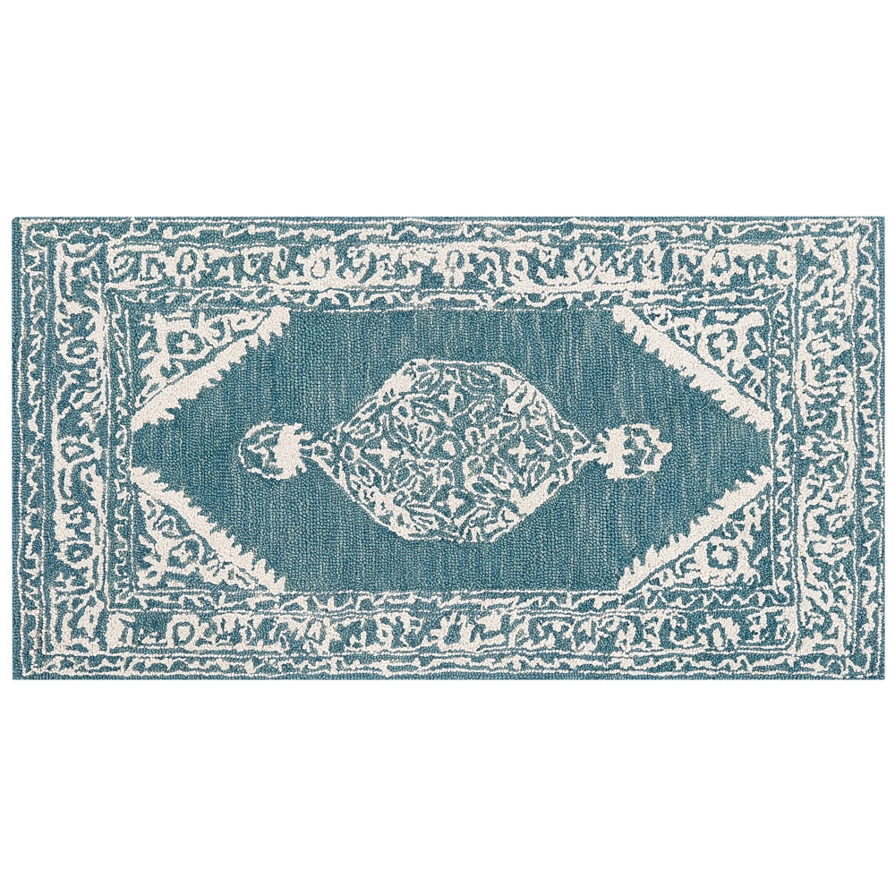 Tappeto bianco blu lana 80 x 150 cm tessuto piatto fatto a mano motivo orientale