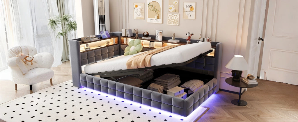 Divano letto multifunzionale in velluto grigio scuro 90x200 vano ripiano LED USB