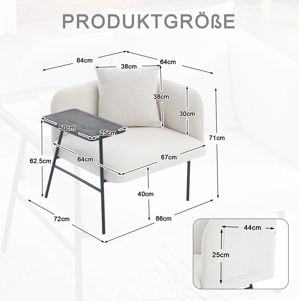 Poltrona relax con tavolino laterale e tasche portaoggetti; in chenille beige; 86x72x71 cm