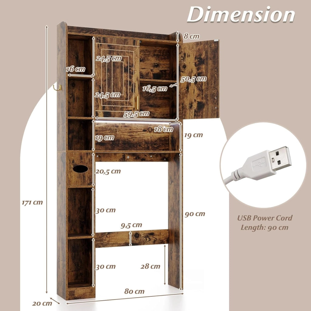 Mobile su WC con striscia luminosa, armadio da bagno con porte, ripiani aperti, supporto per carta igienica e gancio laterale, 80 x 20 x 171 cm, scaffale di stoccaggio (Marrone)