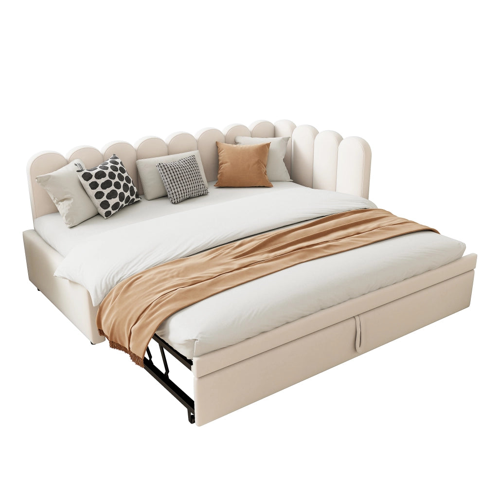 Letto estraibile 90 × 200 cm con letto supplementare, testiera e schienale imbottiti, senza materasso, beige