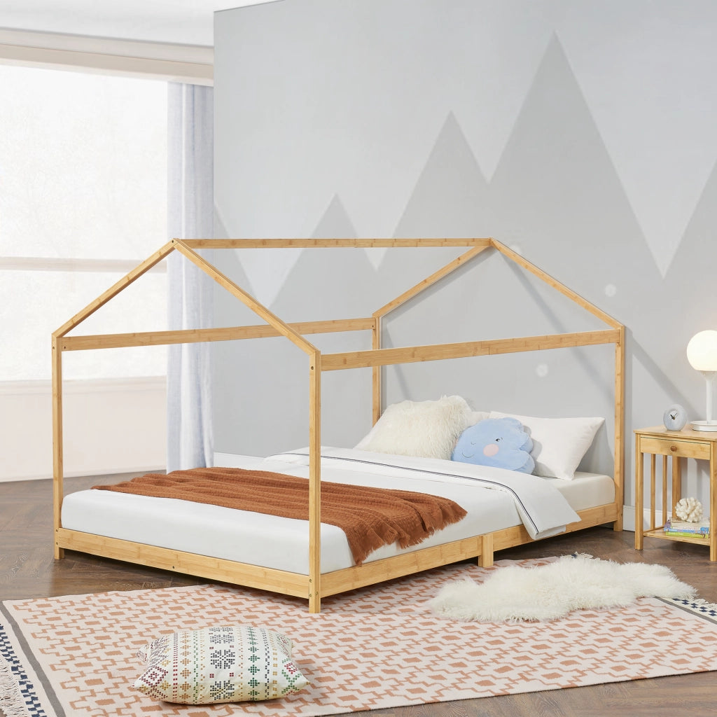 Letto per Cameretta Vindafjord a Forma di Casetta in Bambù Naturale 160x200 cm [en.casa]