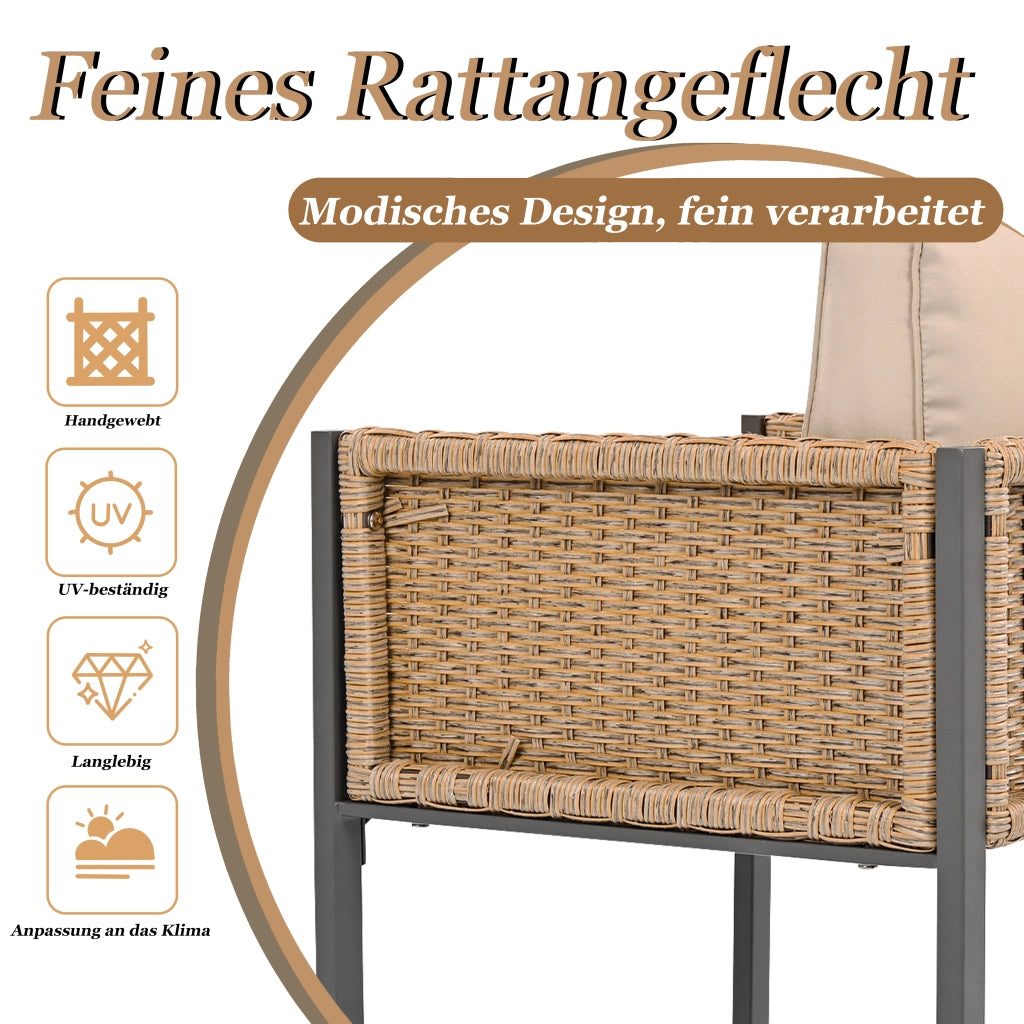 Tavolo e 6 Sedie da Giardino per 6 Persone; Cuscini con Rivestimento Sfoderabile; Rattan e Tessuto; Nero e Marrone