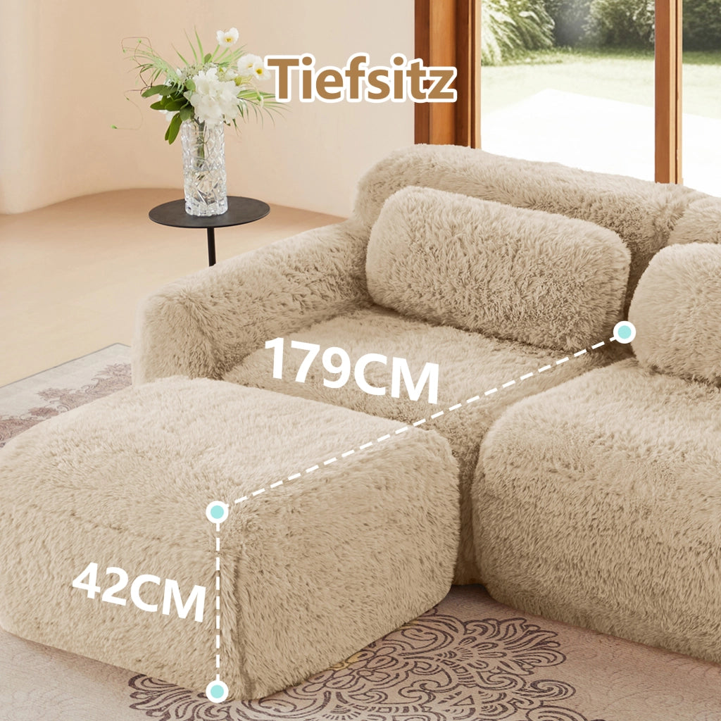 Divano Modulare a U con Design Ergonomico Base Antiscivolo e Cuscini in Peluche Cachi Chiaro
