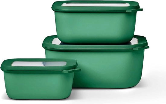 Set di contenitori rettangolari 3 pezzi - scatole di stockaggio con coperchio - adatti come contenitore di conservazione, frigorifero, freezer e servizio per forno a microonde - 750 ml, 1500 e 2000 ml - Verde Vivace