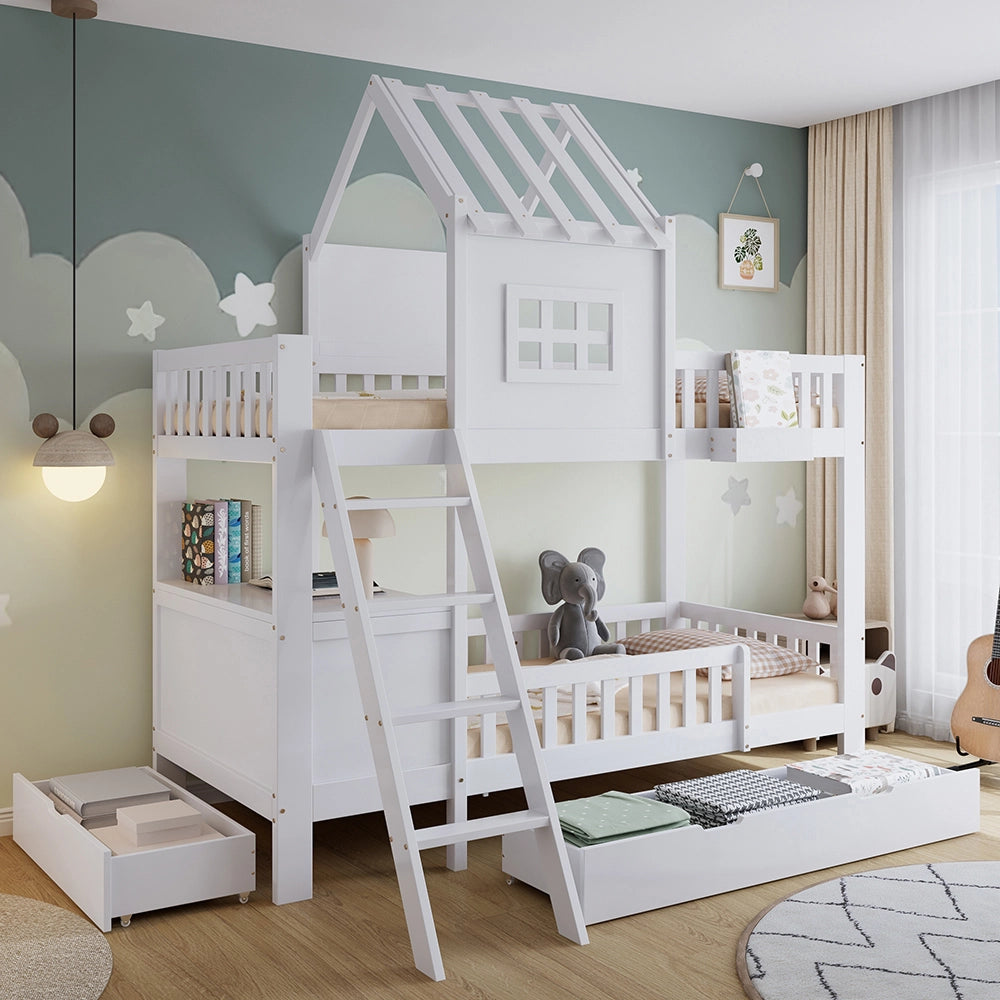 Letto a castello con tetto - Xylo - 90x200cm bianco, tavolo lettura