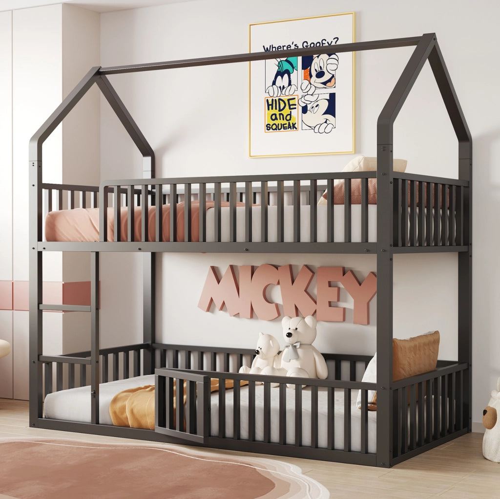 Letto a castello 90x200 cm con struttura a casetta e scala in metallo nero