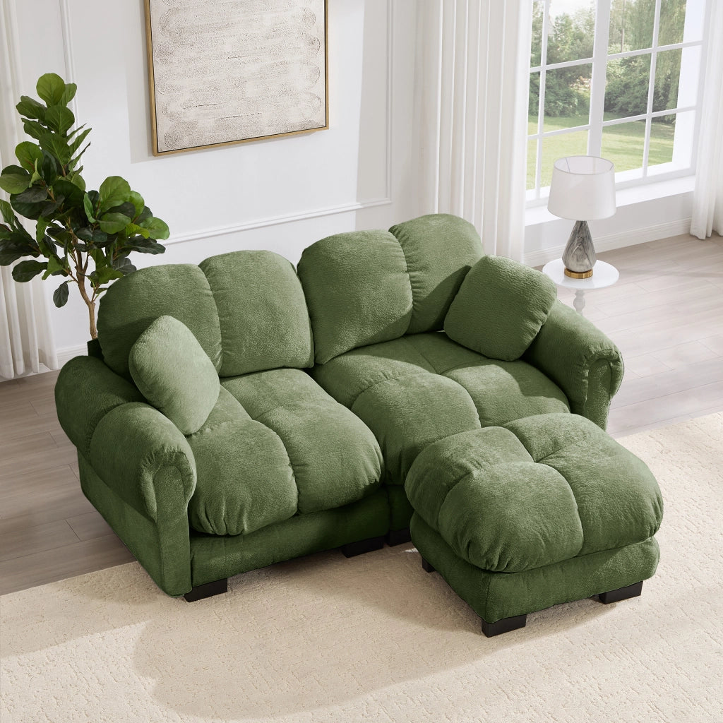 Divano angolare modulare in ciniglia con cuscini spessi e pouf mobile, schienale ergonomico, verde