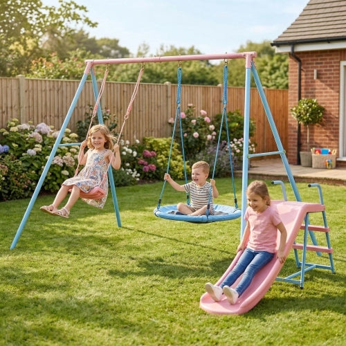 Area giochi per bambini con due altalene e scivolo per giardino in acciaio blu e rosa 120×40×26 cm