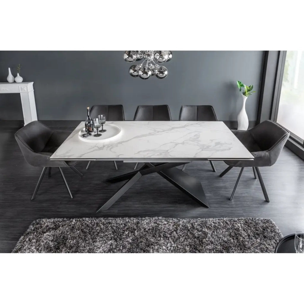 Table STELIX 180–220–260 cm – Piano in ceramica effetto marmo bianco e vetro temperato – Estendibile con gambe in metallo nero