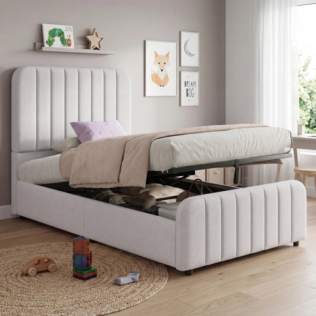 Letto imbottito 90x200 cm con contenitore idraulico in lino grigio