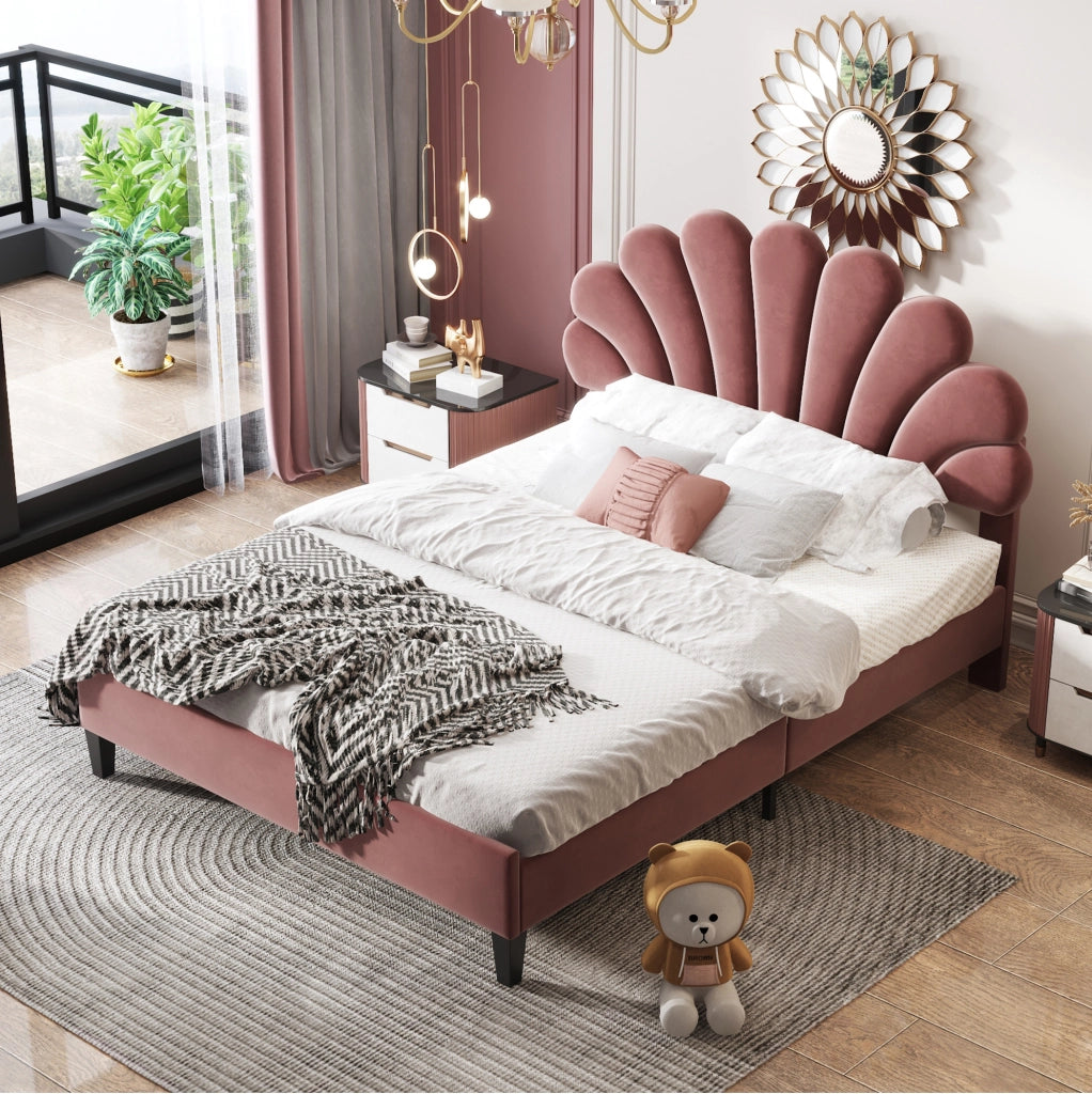 Letto matrimoniale 140x200 cm; testiera imbottita in velluto rosso fagiolo (Senza materasso)