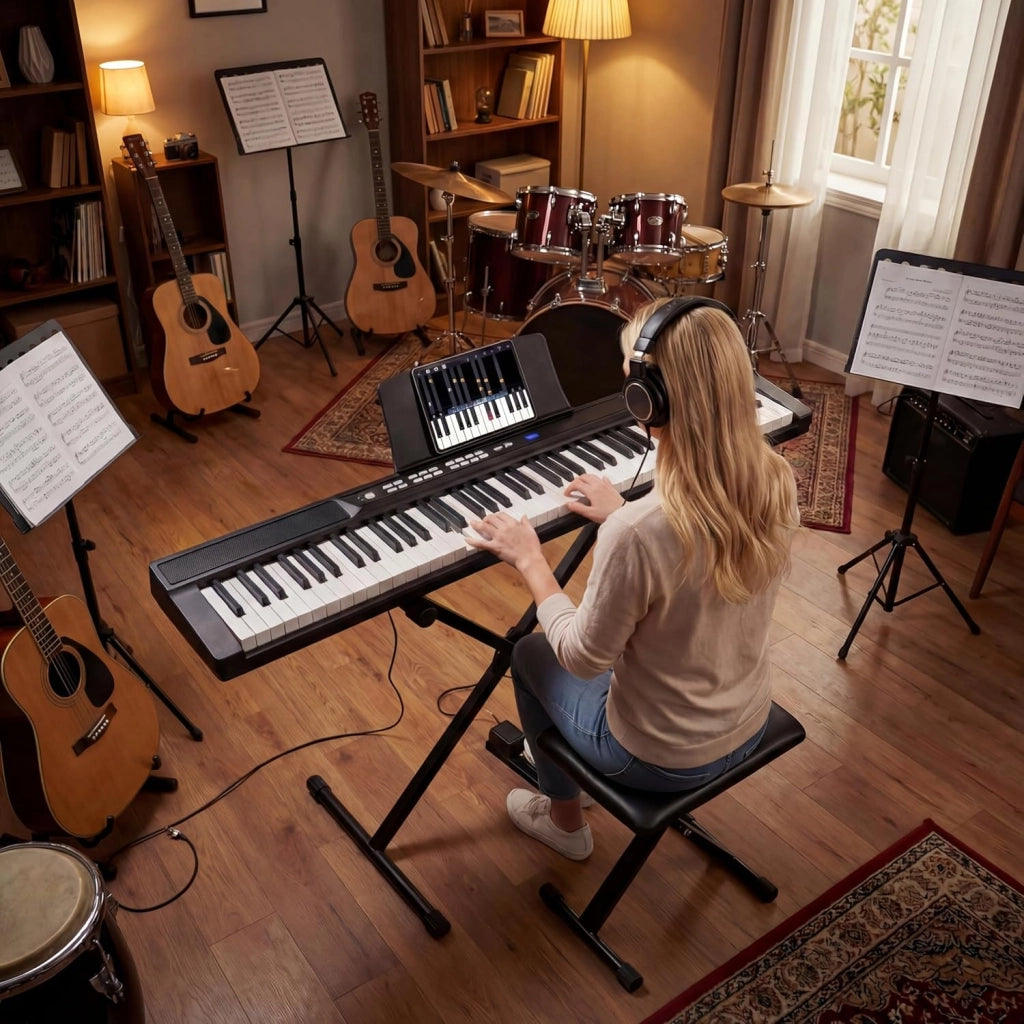 Tastiera per pianoforte a 88 tasti, pianoforte digitale con sgabello, supporto regolabile, auricolari, tastiera elettronica con tasti illuminati, borsa per principianti, adulti (nero)