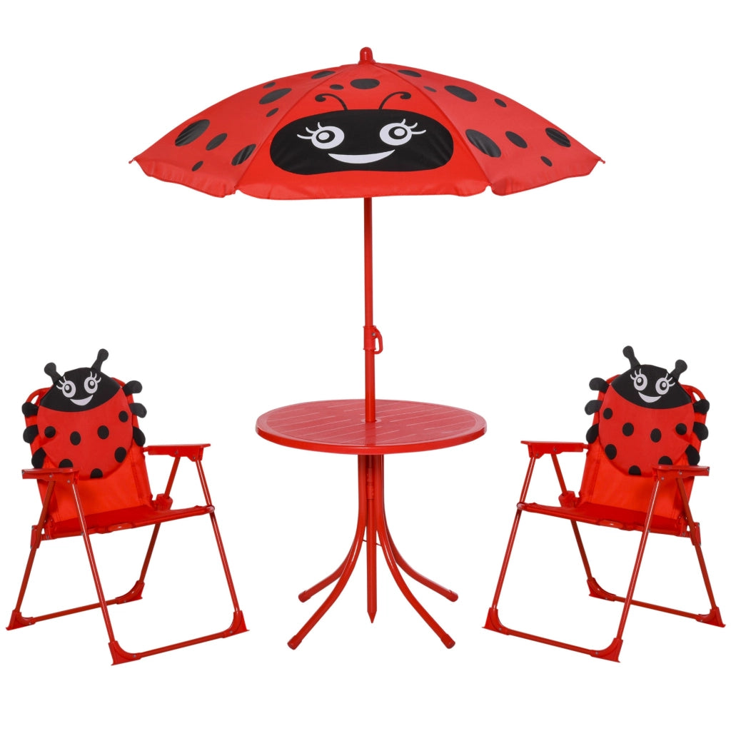 Set Tavolino e 2 Sedie Pieghevoli da Giardino per Bambini con Ombrello Rosso Coccinella