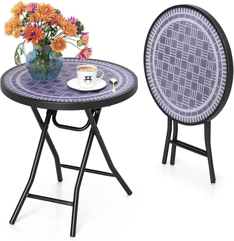 Tavolo da giardino rotondo pieghevole, tavolino da terrazza da 45,7 cm con piano in vetro temperato, telaio in metallo, interno esterno, per giardino, balcone, portico, soggiorno