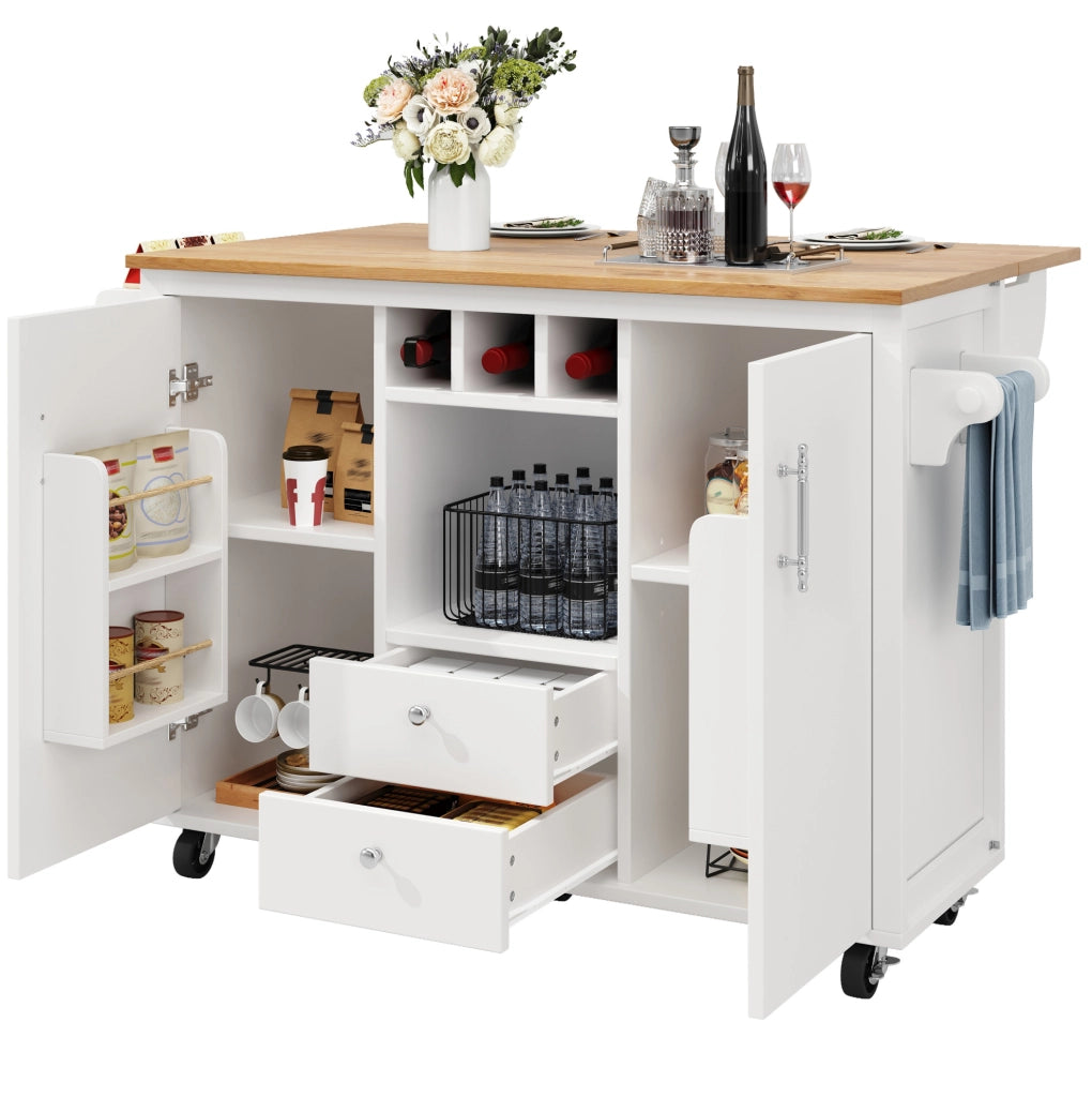 Isola da cucina mobile con piano ribaltabile, bianca