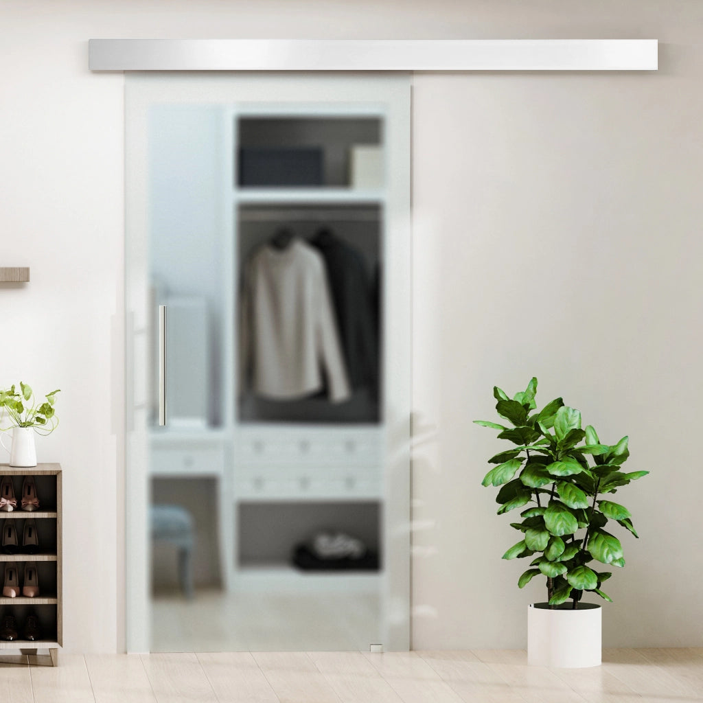 Porta Scorrevole Interna in Vetro Smerigliato con Binario B1 e Maniglia per Bagno Cucina Studio Vetro 205x 77.5x 0.8cm