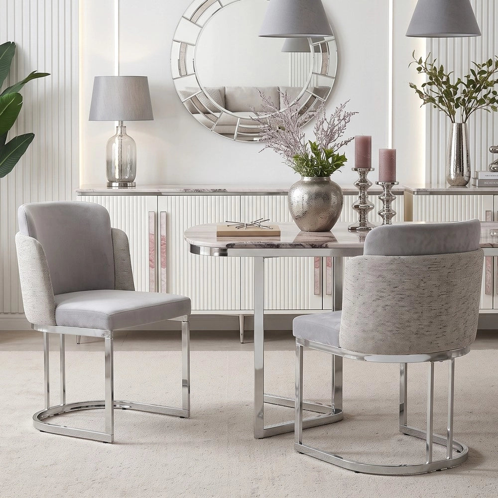 Set 4 Sedie da Pranzo ¨C Minimal ¨C Tessuto Chenille Grigio Chiaro Gambe Metallo Argento Stile Moderno