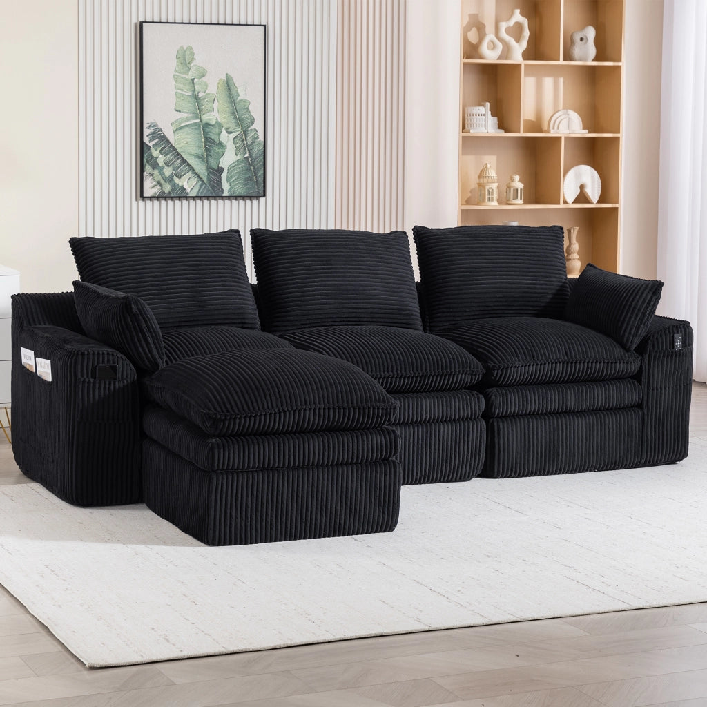 DIVANO modulare in velluto a coste nero con tasche laterali 263x167x85 cm