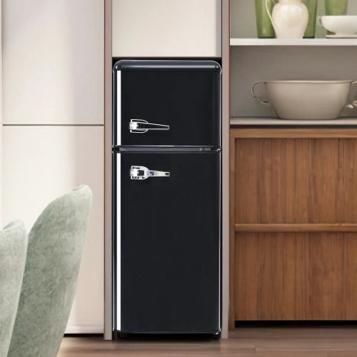 Frigorifero retrò; frigorifero congelatore; volume totale 92L; compartimento congelatore 28L; luce LED; efficiente energetico; nero