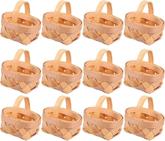 12 pezzi di Mini Mandoline Tessuta con Maniglie per la Raccolta di Frutta - Set di Miniature Decorazioni in Legno di Chip per Festa di Contadino e Matrimonio Rustico