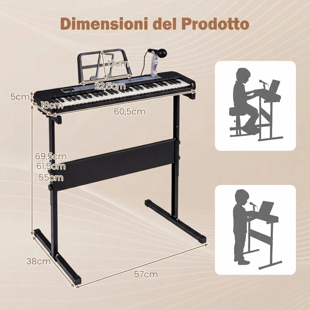 Tastiera Pianoforte Elettrica a 61 Tasti, Giocattolo Musicale da Interno con Supporto Regolabile, Microfono e Leggio, Strumento Digitale Educativo per Bambini e Bambini 3+ Anni (Nero)