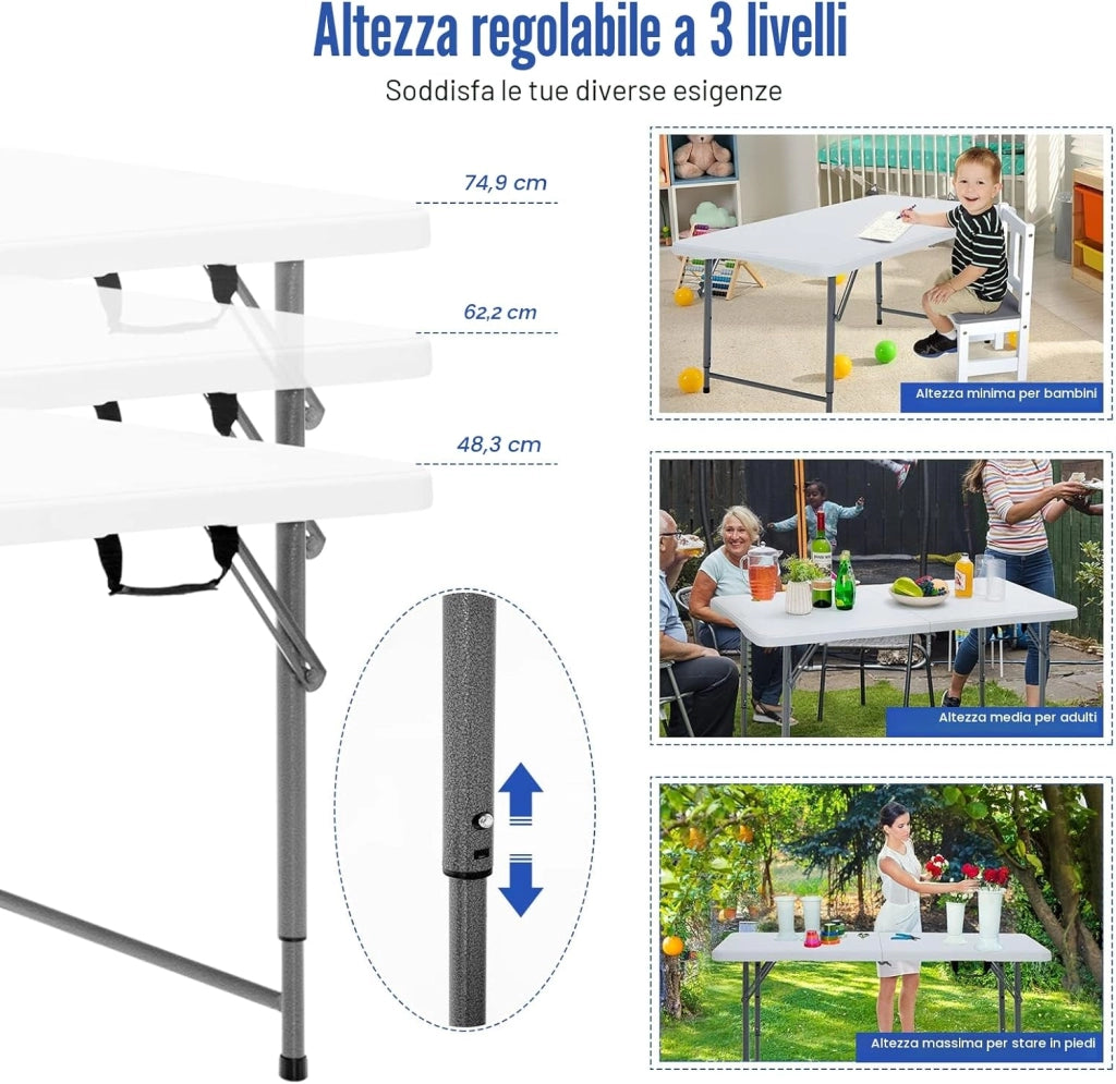 Tavolo Pieghevole Regolabile in Altezza, Tavolo Campeggio Richiudibile e Portatile con Maniglia di Trasporto, Tavolo Picnic Salvaspazio in HDPE, Telaio in Ferro, 120 x 60 x 74,5 cm, Bianco