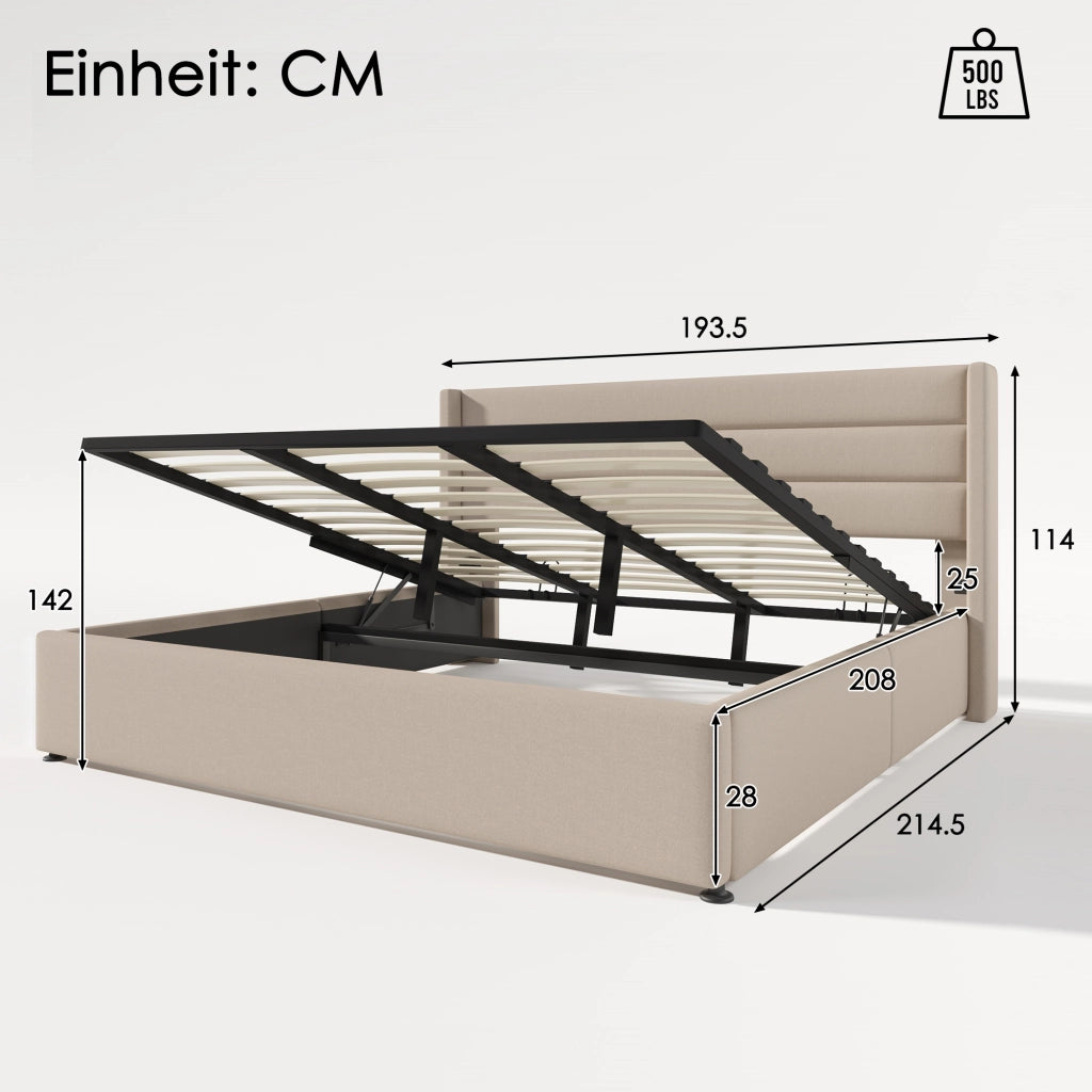Letti contenitori 180x200 cm; sollevamento idraulico; lino; beige (Senza materasso)