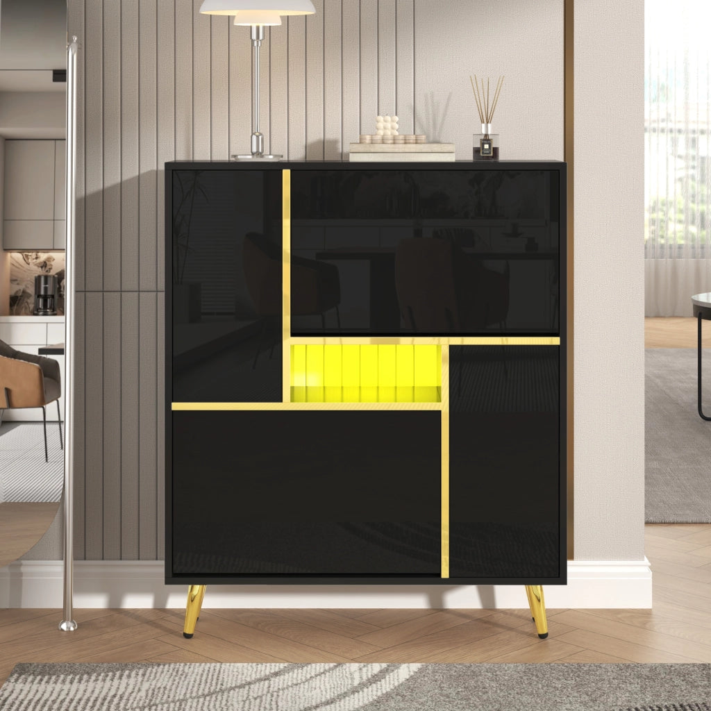 Scarpiera con due ante e ripiani regolabili, luce LED 16 colori, frontale lucido, nero, 80 × 25 × 96 cm