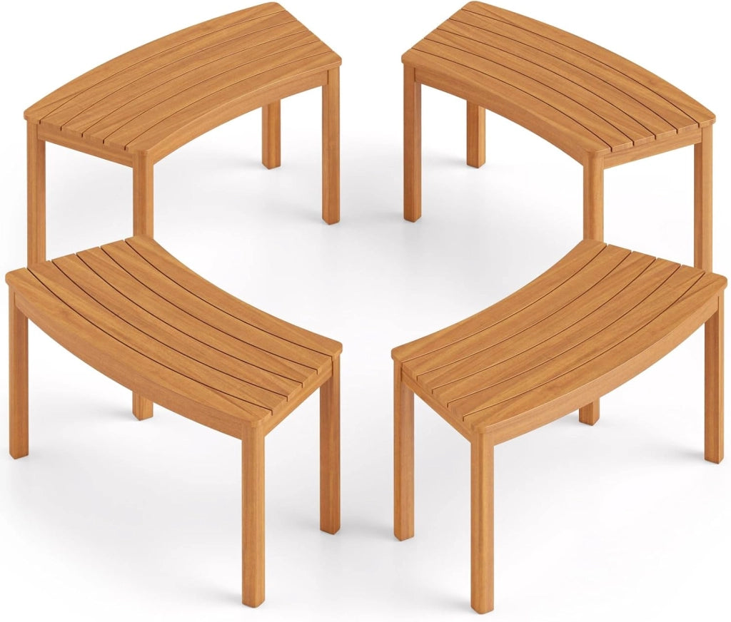 Set da 2 Panchine Curve in Legno di Acacia, Panchina Senza Schienale con Portata 360, Panca da Esterno per Veranda, Terrazza, Giardino e Fuoco da Campo (4)