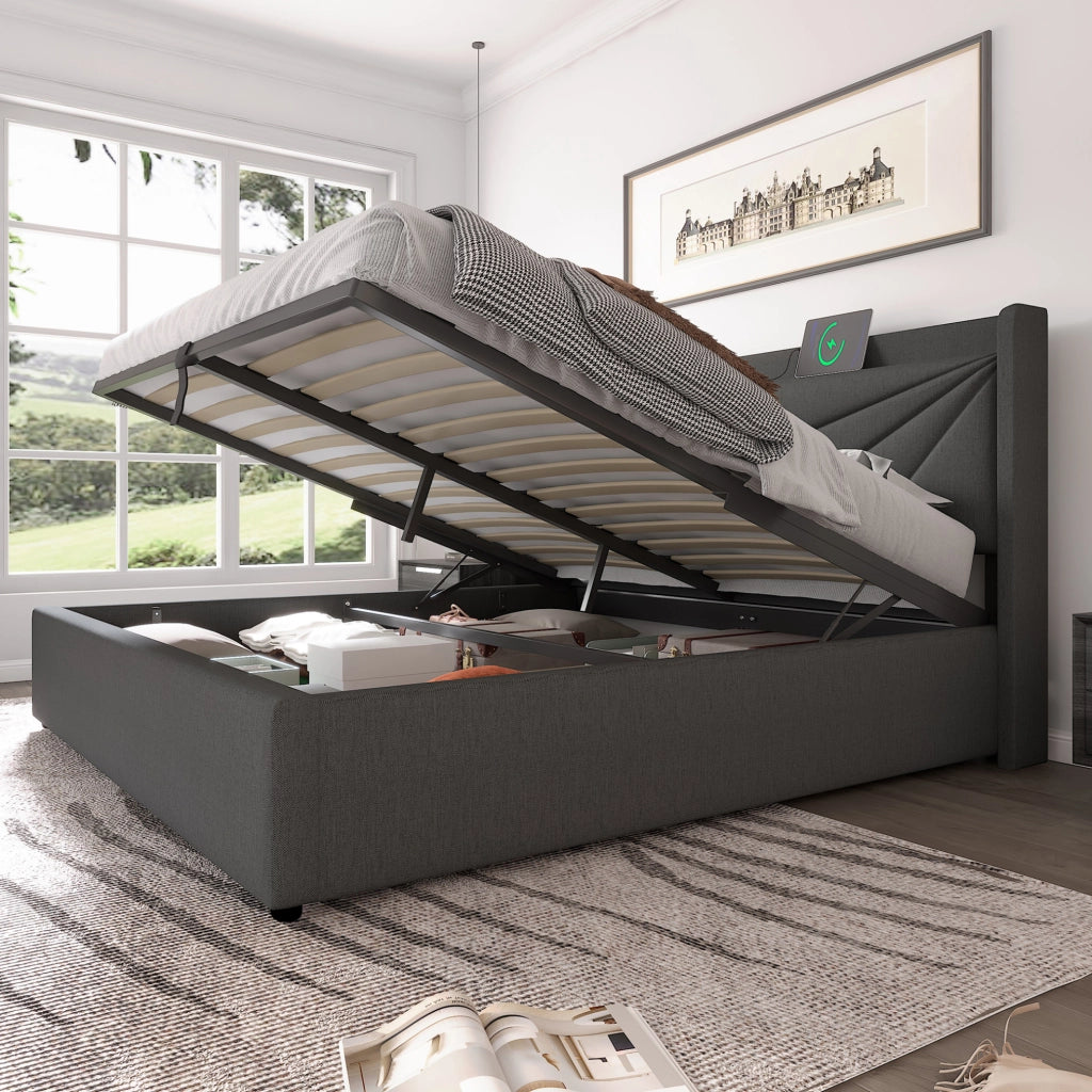 Letto matrimoniale 160x200 grigio con vano contenitore, USB e Type-C