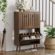 Scarpiere stretta 60 cm in finitura noce, mobile porta scarpe con 2 ante a ribalta, vano aperto e design moderno