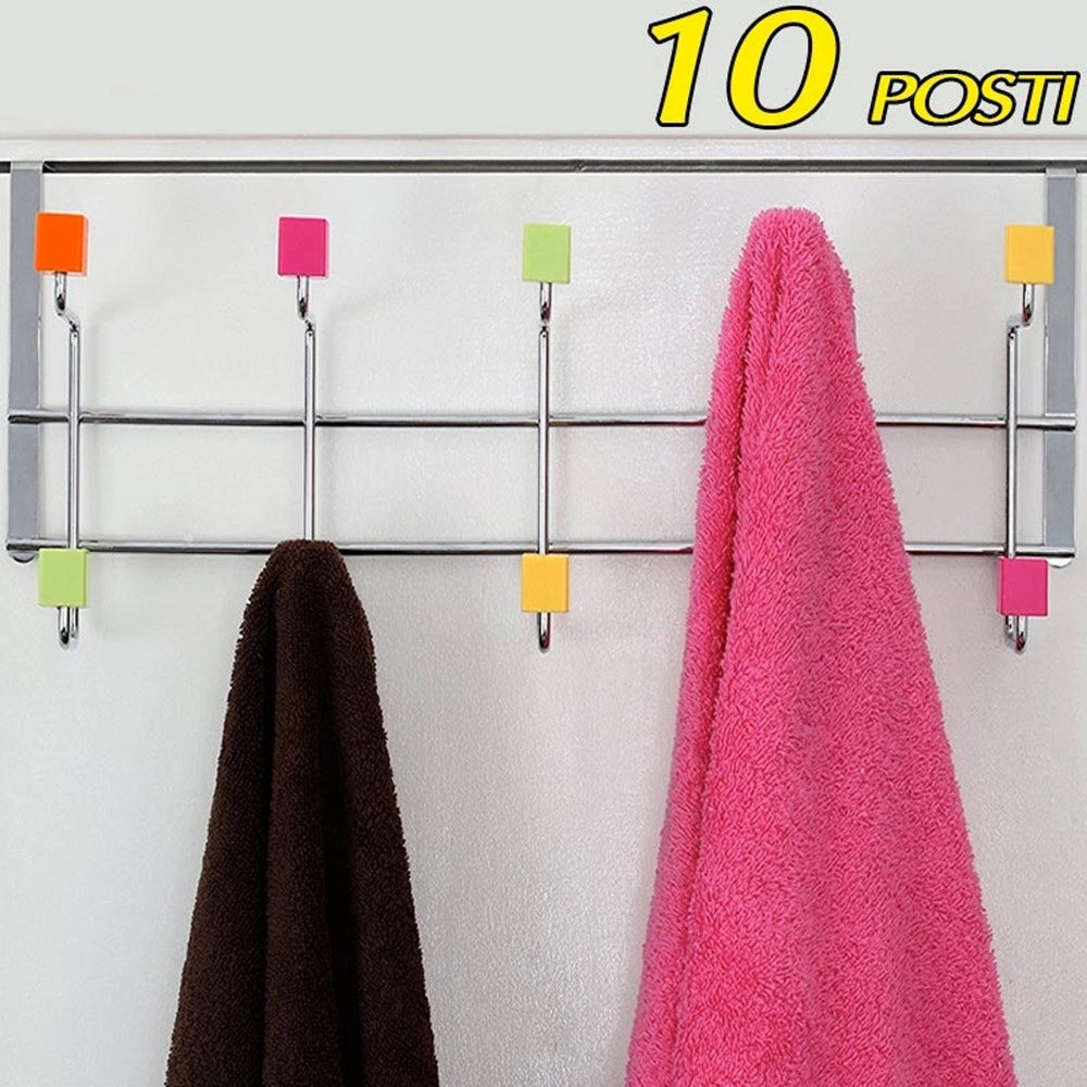 Trade Shop - Attaccapanni Per Porta Appendiabiti In Metallo 10 Posti Pomelli Colorati 50x21cm -