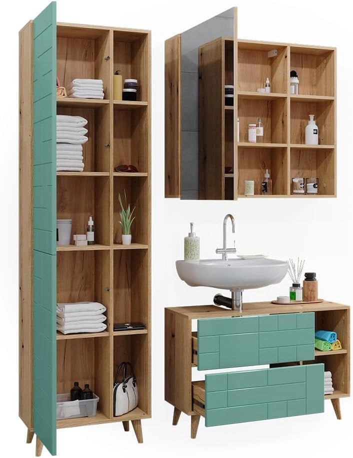 Set di mobili da bagno Rudi, Verde menta, 90 cm, composto da mobile sottolavabo, specchiera e colonna alta