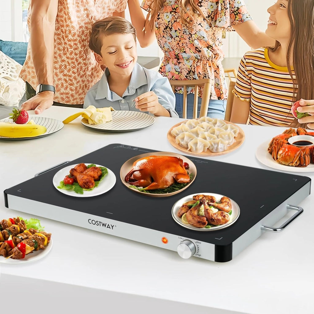 Vassoio Riscaldante Elettrico, Piatto Scaldavivande Portatile in Vetro Temperato con Temperatura Regolabile e Maniglie Antiustioni, per Feste Buffet (53 x 40 cm)