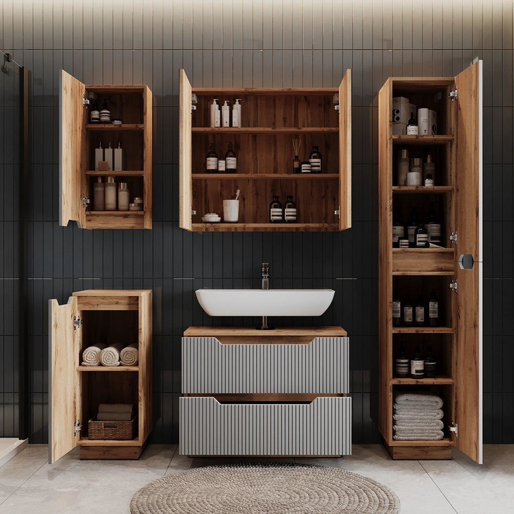 Vicco Mobile sottolavabo per bagno Rovere/grigio a righe 79.6 x 62.5 cm con 2 cassetti