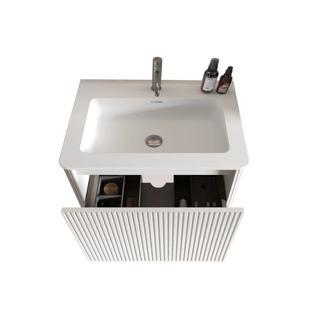 Mobile bagno sospeso 60 cm con lavabo Solid Surface, rilievo fluted, bianco