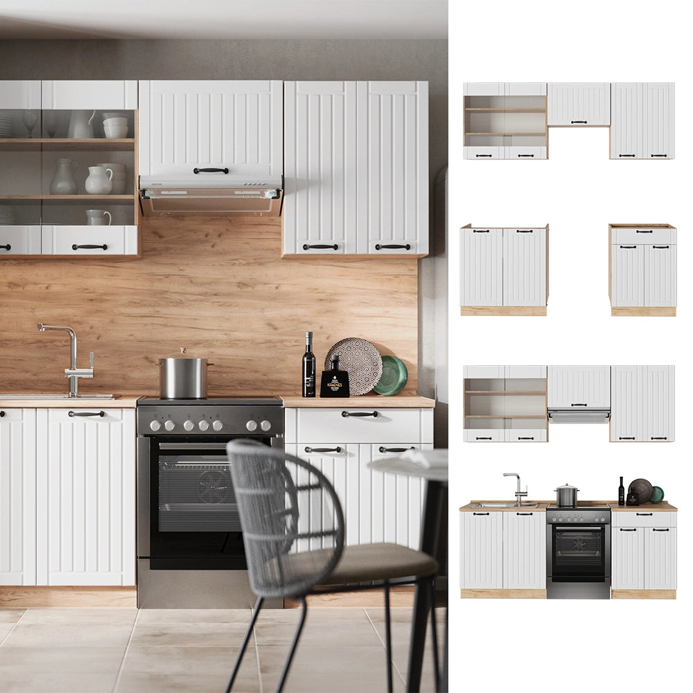 Cucina componibile Fame-Line Bianco rustico/Rovere dorato 200 cm, PL Marmo Vicco