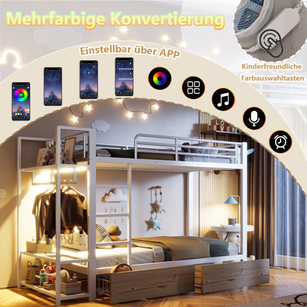 DESMIU Letto a castello 1 posto con 2 cassetti, mensole, barra appendiabiti e LED 90 × 200 cm, senza materasso