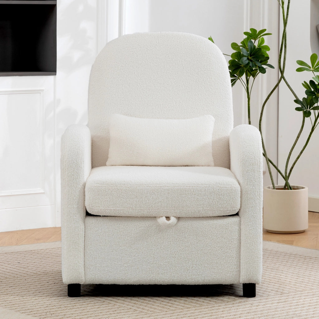 Poltrona Moderna 76x77x95 cm con Spazio Contenitore a Scomparsa e Cuscino Rivestimento in Pile Teddy Crema