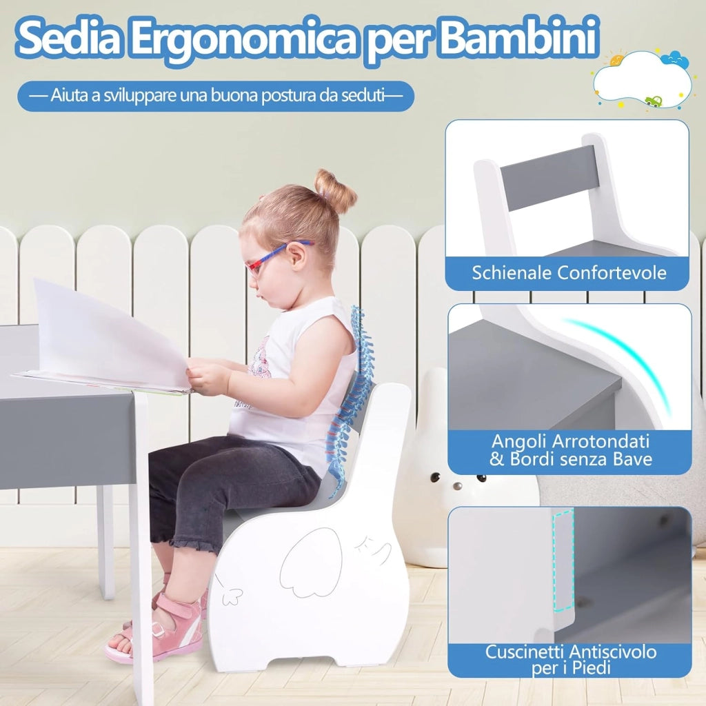 Tavolo e Sedie per Bambini 3 in 1, Tavolino con Lavagna Rimovibile e Archiviazione, per Cameretta (Bianco e Grigio)