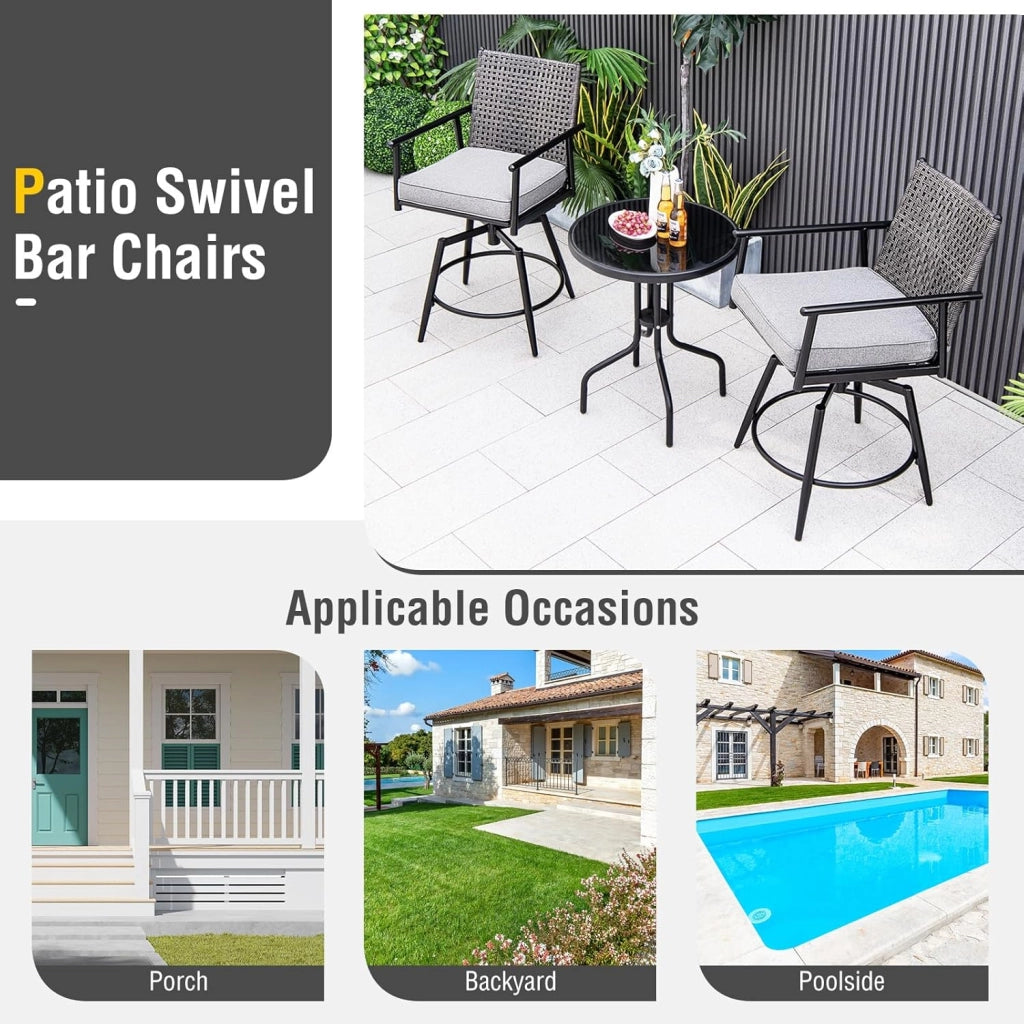 Set di 2 sgabelli da bar girevoli, con schienale in rattan e telaio in metallo, sedia da giardino con cuscino rimovibile, sgabello da bistrò, sedia girevole per esterni, colore nero