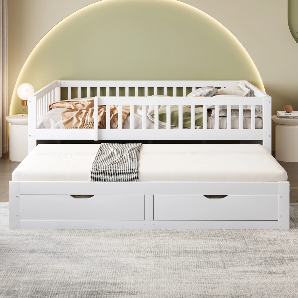 Letto estraibile matrimoniale 140×200 cm con 2 cassetti; sponda di sicurezza e rete; senza materasso; legno; bianco