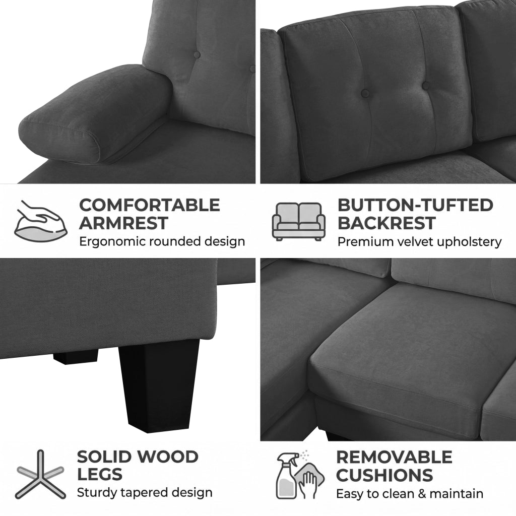 Divano con chaise-longue su entrambi i lati in chenille, tasche laterali, braccioli rimovibili con zip, grigio 268 × 128 × 84 cm