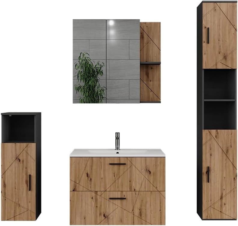 Set di mobili da bagno Irma, Bianco/bianco lucido, 80 cm, composto da mobile sottolavabo, lavabo, pensile, colonna e mobile medio