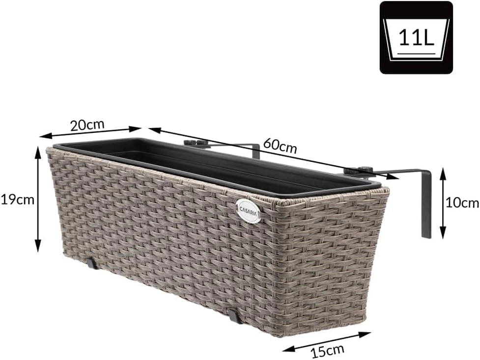 ® 2x Fioriera Balcone 60cm 11L Rattan Supporto Esterno Interno Resistente agli Agenti Atmosferici e ai Raggi UV Rimovibile Ringhiera Vaso Portafiori Rettangolare Fiori Piante Crema