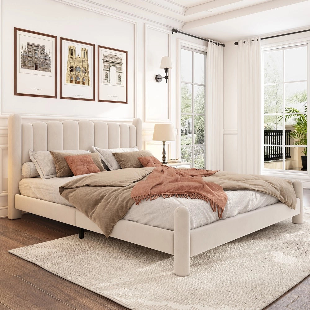 Letto imbottito con testiera e rete a doghe ¨C Minimal ¨C Beige velluto 180x200cm