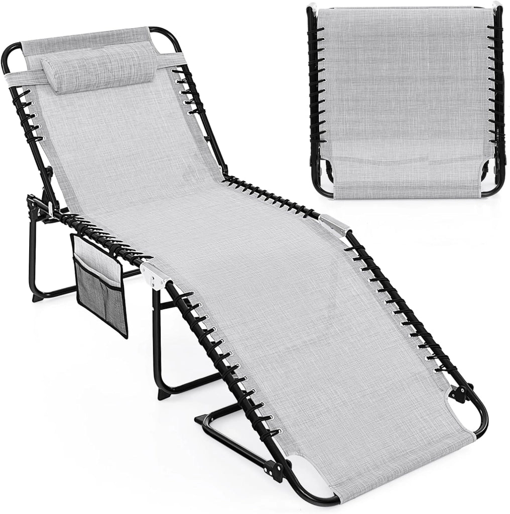 Lettino Prendisole da Giardino, Sedia a Sdraio Pieghevole con Schienale Regolabile, Cuscino Staccabile, Tasca, Portata 200 kg, 168-188 x 69 x 41-86 cm (Grigio)
