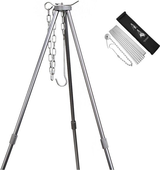 Fornello a tre gambe, a tre gambe, telaio telescopico, griglia standard, cottura all'aperto, supporto, ripiegabile, fuoco di campo, griglia, supporto, campeggio, supporto con catena e gancio