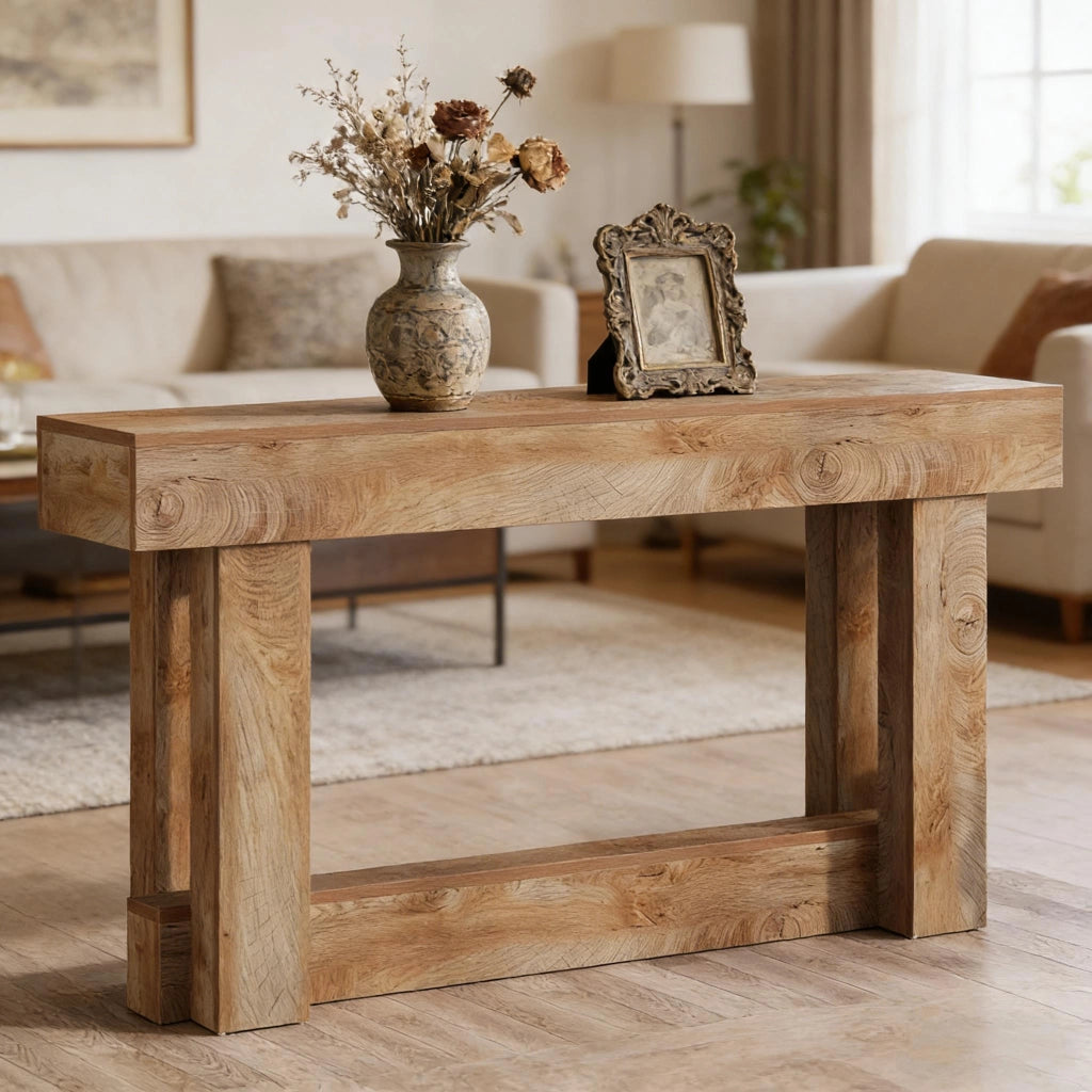 Consolle con base a U e ripiano inferiore, stile vintage, per ingresso e soggiorno, in legno, marrone, 160 × 30 cm
